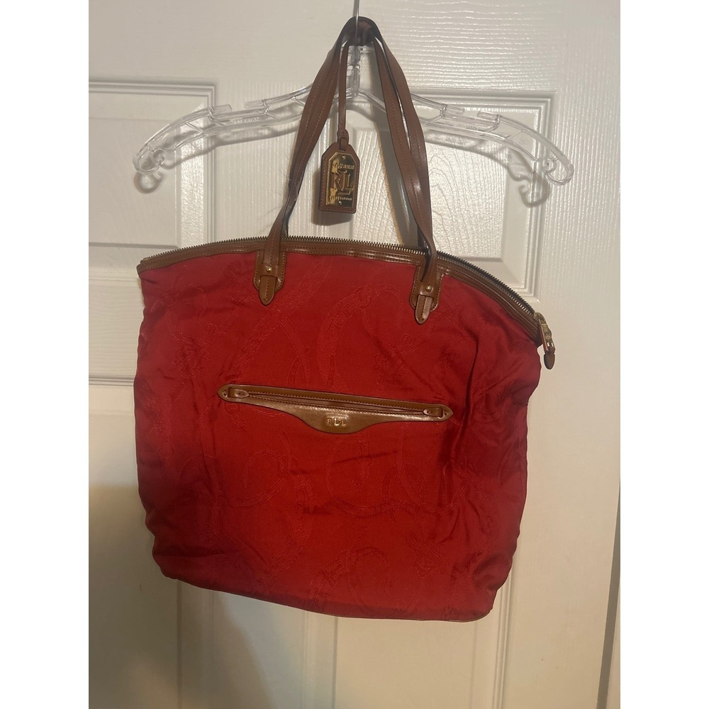 Lauren Ralph Lauren Red Nylon Equestrian Jacquard Tote Bag Brown Trim Gold Logo